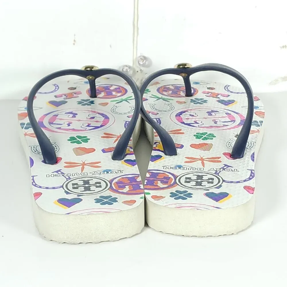 Tory Burch Women’s US6M Blue White Graphic Logo Flip Flop Thong Sandals